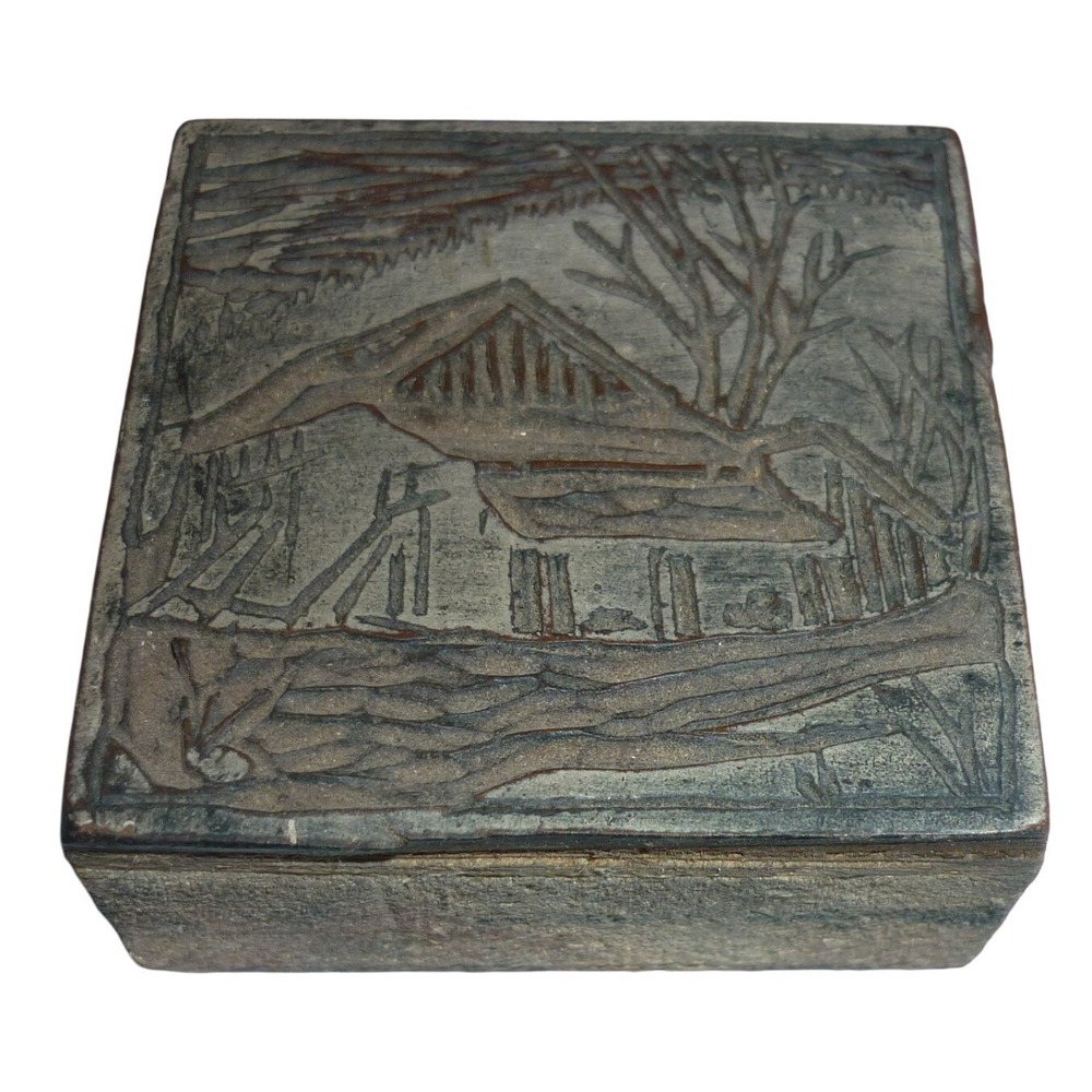 Vintage Wood Block‎ Hand Carved Stamp Rustic Cabin Woods Winter  2.5x2.75 Inch